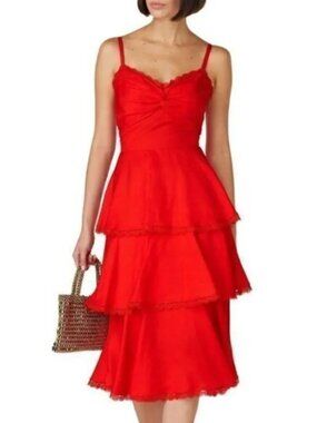 Marchesa Notte Tiered Red Dress Flowy Lace Eyelet Trim Sweetheart Party Midi 6